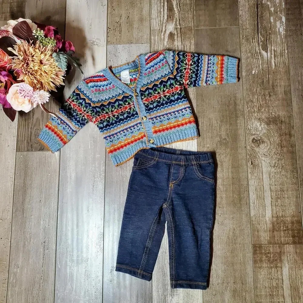 Starting Out Baby Boys 9m Outfit - Knit Cardigan Sweater and Jeans